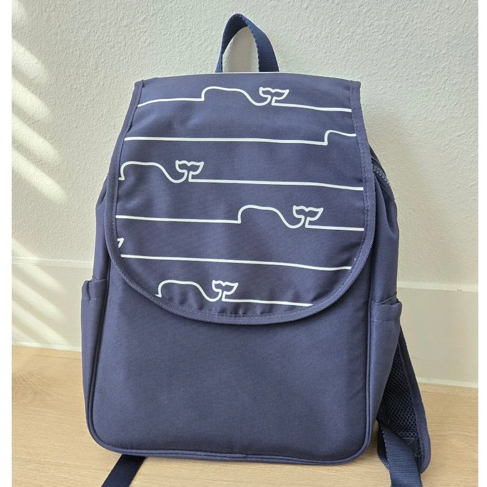 Vineyard Vines Navy Blue Whale Print Canvas Backpack Adjustable Straps